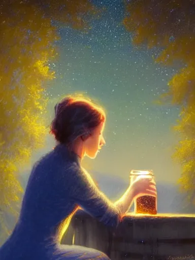 Prompt: a serene woman, pouring a jar near a lake. stars shining bright in the background. elegant, highly detailed, digital painting, artstation, concept art, sharp focus, illustration, by justin gerard and artgerm, 8 k