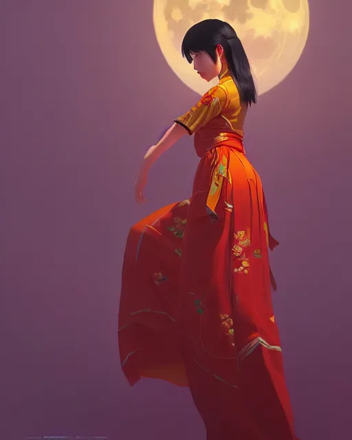 Prompt: asian female wearing traditional vietnam costume, full moon on the sky, a ultra detailed beautiful panting by ilya kuvshinov, greg rutkowski and makoto shinkai, trending on artstation