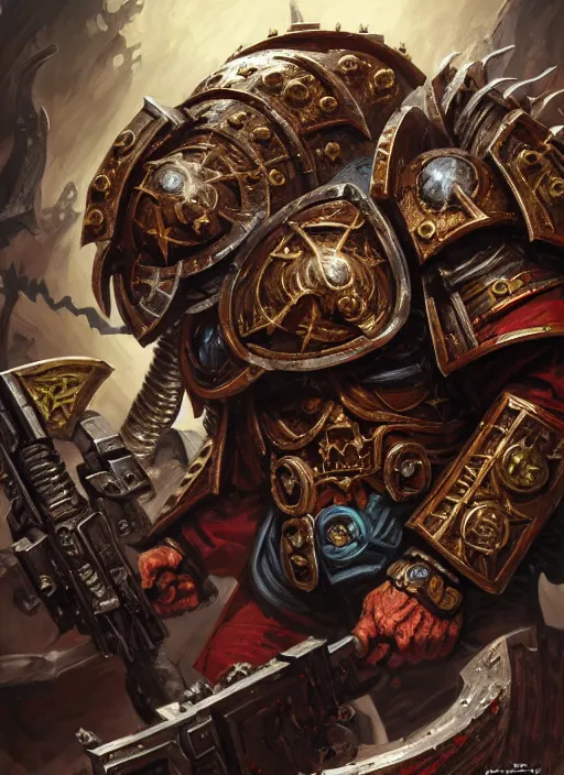 Prompt: portrait of a chaos space marine, intricate, warhammer, warhammer 4 0 k, highly detailed, digital painting, concept art, sharp focus, illustration, art by john blanche, by pedro nunez, by jaime martinez, by nacho molina