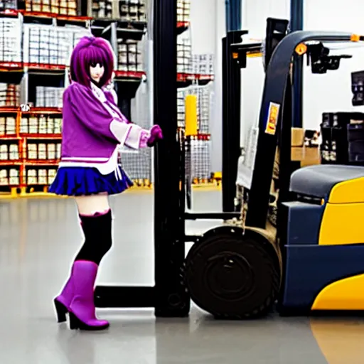 Image similar to a person cosplaying homura akemi operating a forklift