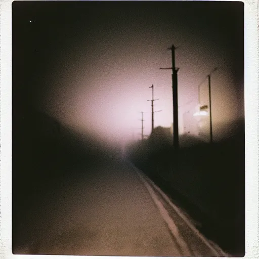 Prompt: a massive concrete wall with tiny street lights in front of it, foggy, night, dark, old polaroid, expired film, megalophobia,