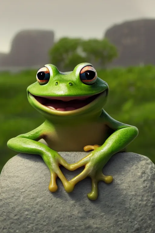 Prompt: portrait of a happy frog looking to the camera holding a white teacup with the river in background, full body. pixar disney 4 k 3 d render funny animation movie oscar winning trending on artstation and behance, ratatouille style