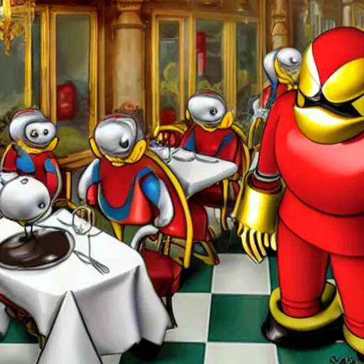 Image similar to dr robotnik eating at an italian restaurant surrounded by robots from sonic