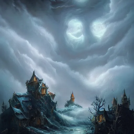 Image similar to Detailed Exterior Shot of Stormy Nightmare Evil Stormy!!! Rundetårn, light of hell, moonlight shafts, flock of birds, moody grim atmosphere, in Style of Peter Mohrbacher, cinematic lighting