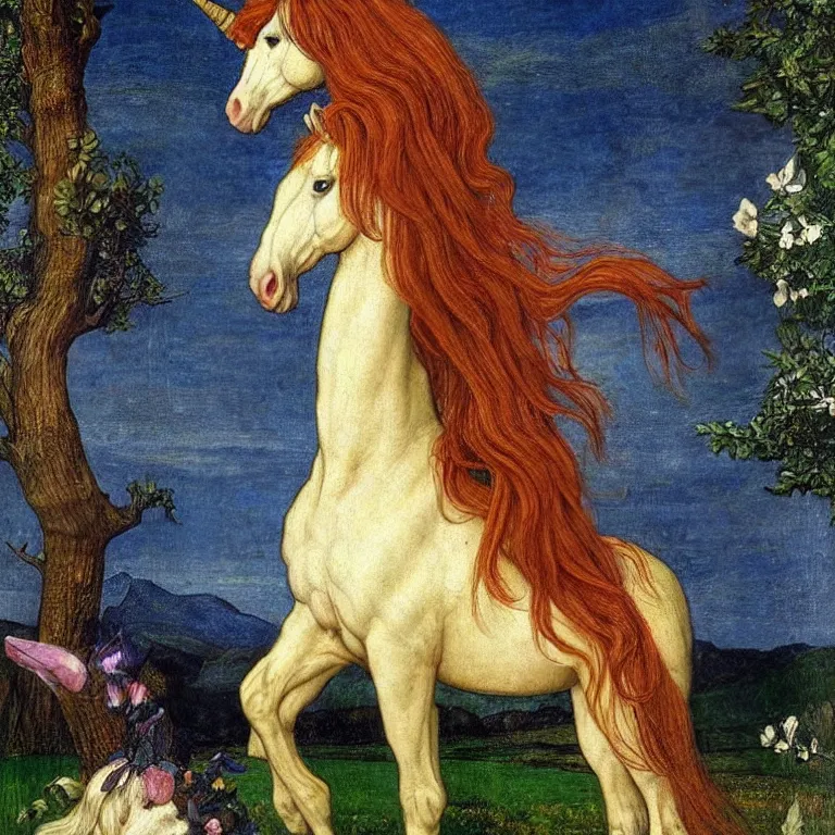 Image similar to A perfect unicorn, pre raphaelite painting