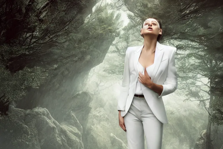 Prompt: a cinematic headshot portrait of a beautiful middle aged woman wearing futuristic white suit on the top of a mountain, overlooking a vast serene forest, large diffused light, neon light, 4 k, ultra realistic, dramatic lighting, rain, clouds, fog, vogue, fashion, glamour, magazine spread, by marco mazzoni and jessica rossier