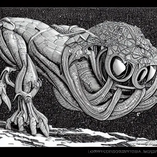 Prompt: low angle long shot of a collossal creature, illustration by moebius