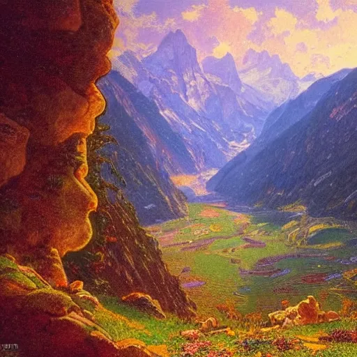 Image similar to wonderful alpine mountain valley, swiss, astral appearance, cinematic light, sublime, colorful, light shafts, dramatic light, by august malmstrom, russian painters, mucha, disney, global illumination, rule of thirds, perfect central composition.