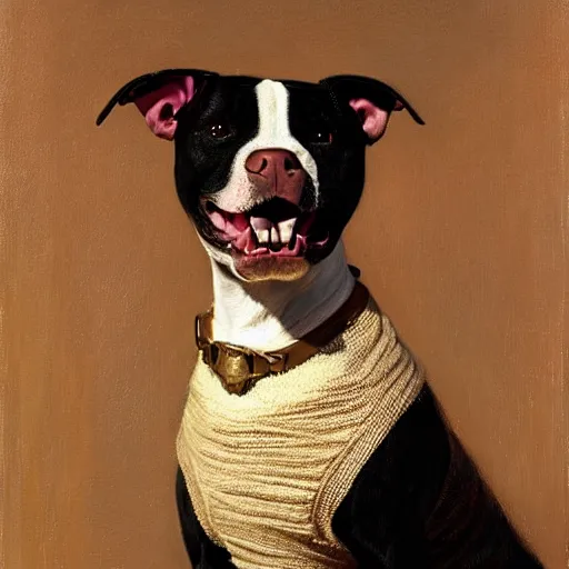 Image similar to a portrait of a female pit bull wearing a sweater and smiling at the viewer. highly detailed painting by gaston bussiere, craig mullins, j. c. leyendecker 8 k