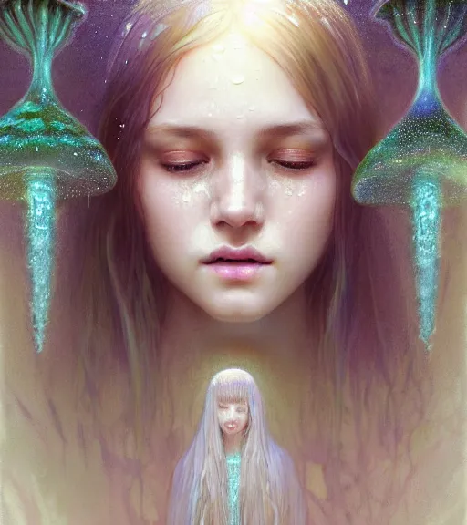 Prompt: portrait of teenage queen, long opalescent glistening wet hair made mycelium, blind frosted eyes, peaceful expression, bone jewelry, intricate, elegant, gem jewelry, mushroom cave, glowing lights, highly detailed, digital painting, artstation, concept art, smooth, sharp focus, illustration art by wlop, mucha, artgerm, and greg rutkowski