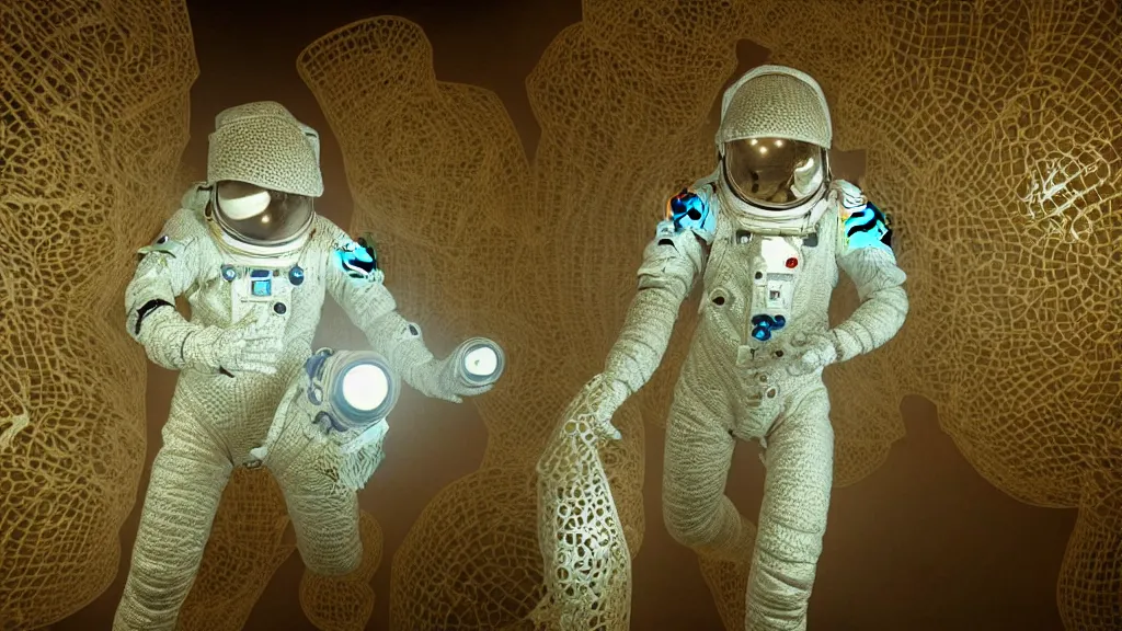 Image similar to a astronaut eva suit covered in diamond 3d fractal lace iridescent bubble 3d skin and covered with insectoid compound eye camera lenses floats through the living room, film still from the movie directed by Denis Villeneuve with art direction by Salvador Dalí, wide lens,