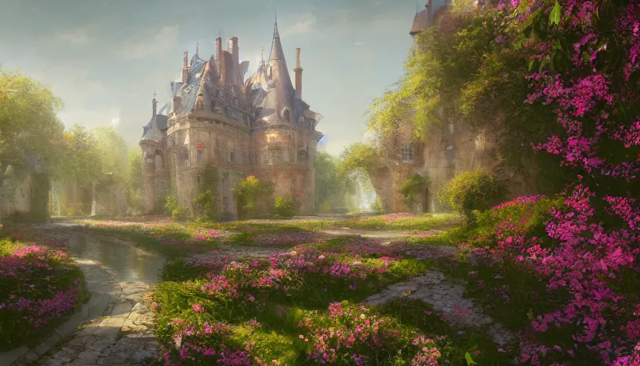 Prompt: Digital painting of a magnificent french castle with a flowery alley, wide angle, volumetric light, hyperdetailed, artstation, cgsociety, 8k