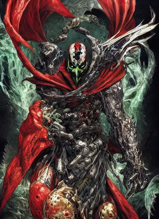 Image similar to first issue of spawn comic book cover art, au naturel, hyper detailed, digital art, trending in artstation, cinematic lighting, studio quality, smooth render, unreal engine 5 rendered, octane rendered, art style by klimt and nixeu and ian sprigger and wlop and krenz cushart