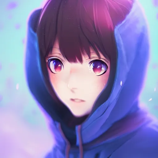 Prompt: advanced anime character art render, beautiful anime girl wearing a whale skin hoodie outfit ,blue watery eyes, mid close up shot , medium shot, Rossdraws, WLOP , Sakimimichan