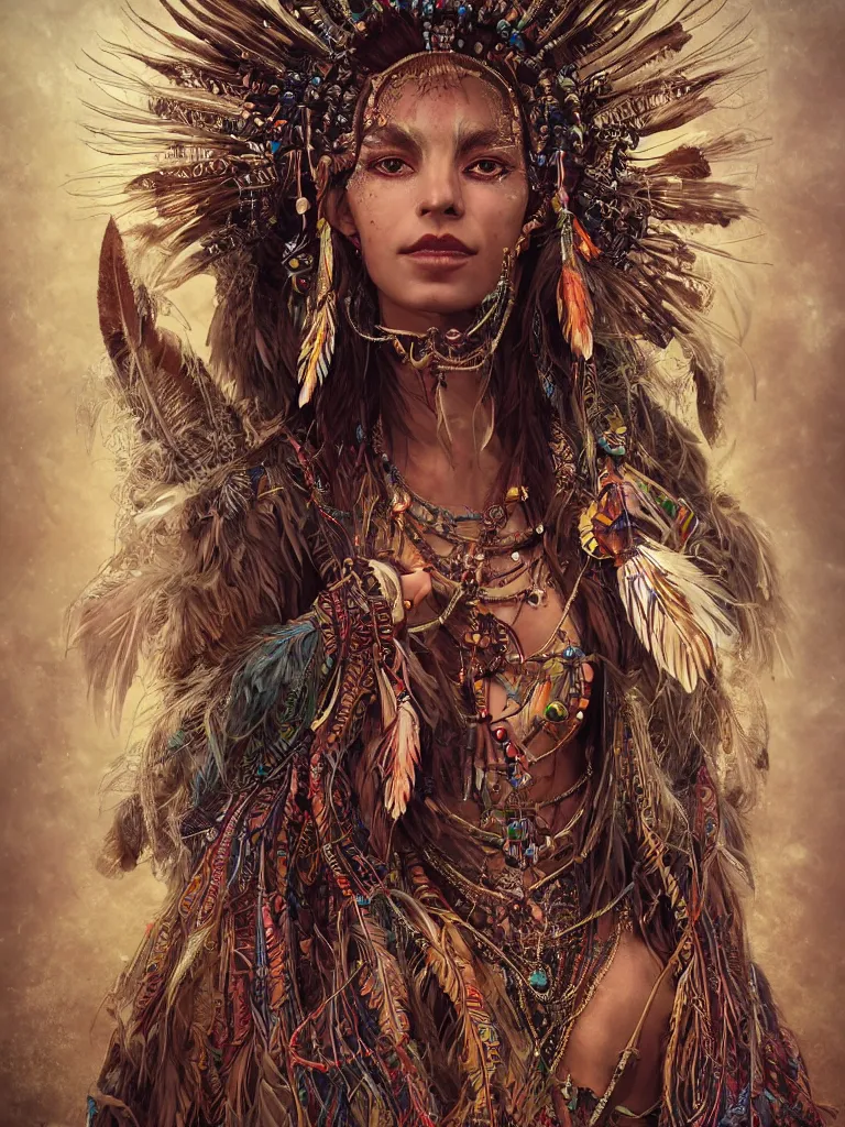 Image similar to a photo of a mystical tribal shaman adorned with feathers and gemstones and cables and synthesizer parts is surrounded by sacred geometry made from elven architecture, full body, gorgeous, perfect face, powerful, cinematic, beautifully lit, by artgerm, by karol bak, 3 d, trending on artstation, octane render, 8 k