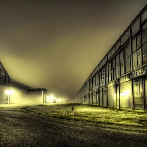 Prompt: An industrial plaza in Porsgrunn, night, misty, HDR