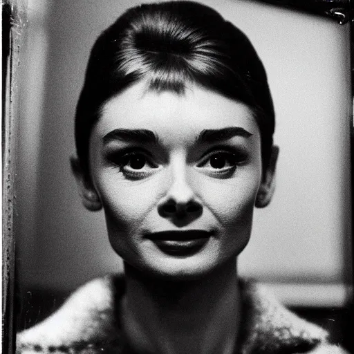 Image similar to photo of young Audrey Hepburn by Diane Arbus, extreme closeup, black and white, high contrast, Rolleiflex, 55mm f/4 lens