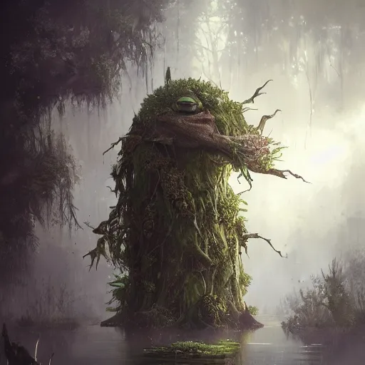 Prompt: living tree, tree has legs and eyes, in the shape of a frog, swamp, greg rutkowski, trending on art station, highly detailed, magic the gathering, matte painting