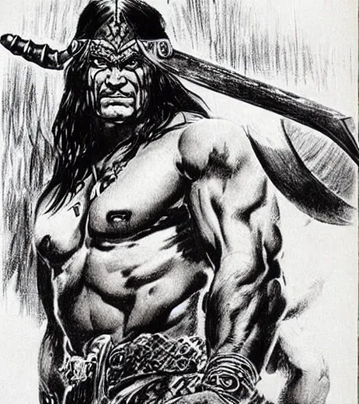 Prompt: Conan the barbarian drawing by frank frazetta