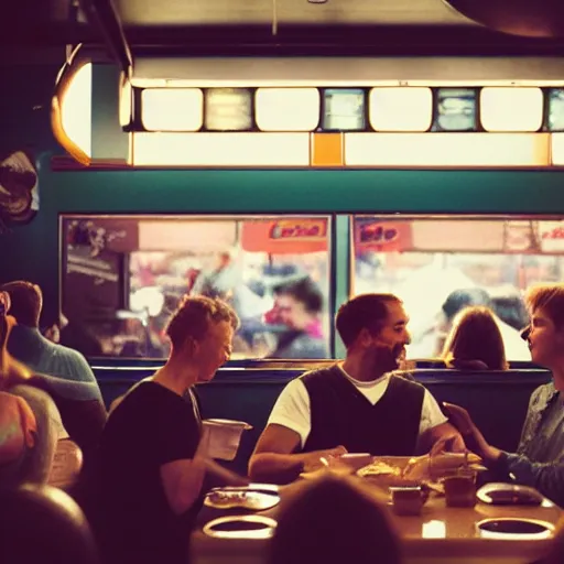 Image similar to a polaroid photo of people at a diner, detailed, hq, lens flare, realistic