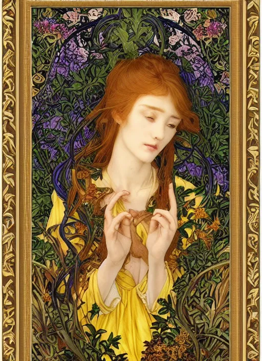 Prompt: masterpiece beautiful seductive flowing curves preraphaelite face portrait photography, extreme close up shot, straight bangs, thick set features, yellow ochre ornate medieval dress, miho hirano, amongst foliage mushroom forest circle arch, william morris and kilian eng and mucha, framed, 4 k