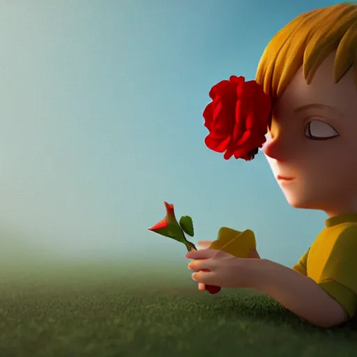 Prompt: cinematic scene of the little prince holding a red rose illustration, bokeh, octane render, award winning, trending on art station