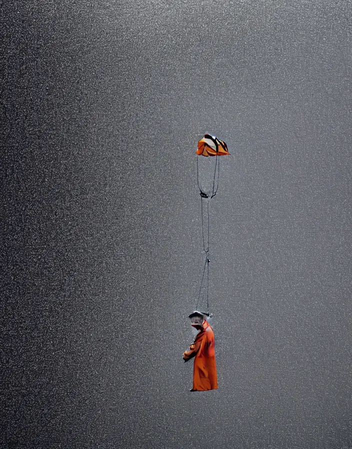 Prompt: close - up portrait of an empty slick fashionable zara raincoat floating suspended mid - air on a glittering wet rainy display designed by james turrell, wes anderson, lily frank, symmetry, rule of thirds