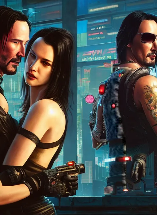 Image similar to a cyberpunk 2077 couple portrait of a Keanu Reeves as johnny silverhand and a female android in final kiss,love,fantasy, intricate, elegant,by Alex Horley,Heather Theurer,aaron horkey,Greg Rutkowski,artstation,deviantart,FAN ART,Digital painting,face enhance,highly detailed,8K,octane,golden ratio,cinematic lighting