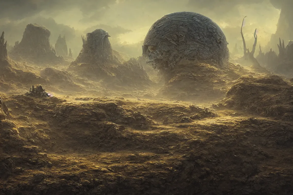 Prompt: giant metal skull ruin in unrecognizable alien landscape, oil painting, concept art, filip hodas, john howe, mike winkelmann, jessica rossier, andreas rocha, bruce pennington, albert bierstadt, 4 k