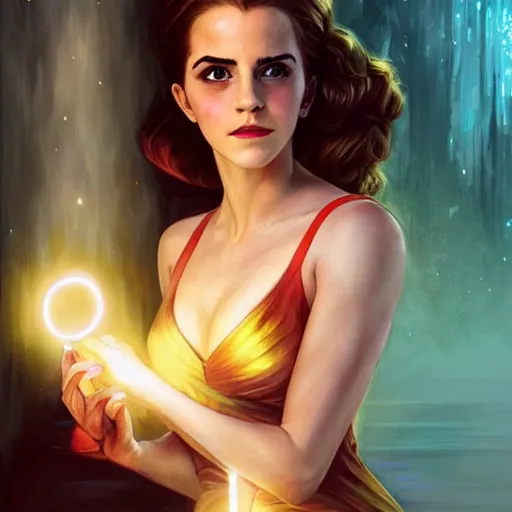 Prompt: emma watson dressed as jessica rabbit holding a glowing one hand and a wand in the other, fantasy, intricate, elegant, highly detailed, digital painting, artstation, concept art, matte, sharp focus, illustration, in the style of magic the gathering, art by artgerm and greg rutkowski and alphonse mucha