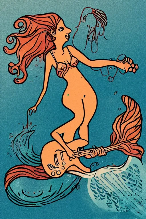 Image similar to illustration of a mermaid playing an stratocaster electric guitar, surf art