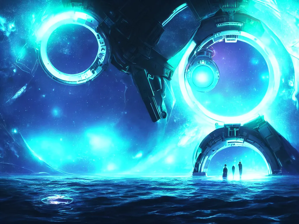 Prompt: space scene fantasy macro portal round gate, star sky neon macro portal cosmos reflected in water sea. journey through space glowing closeup portal gate, detailed, concept art, low angle, high detail, warm lighting, volumetric, godrays, vivid, beautiful, trending on artstation, by jordan grimmer, huge scene, grass, art greg rutkowski