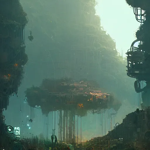 Image similar to overgrown dystopian mechanical cave system, by Ismail Inceoglu, detailed, pixelated, mechanical, complicated, dystopia, 4K