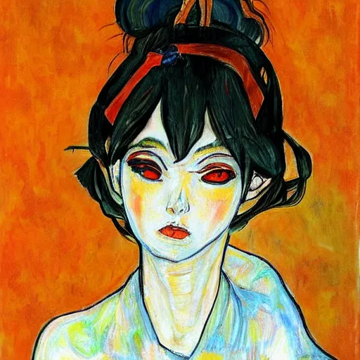 Image similar to colorful anime girl painted in the style of egon schiele