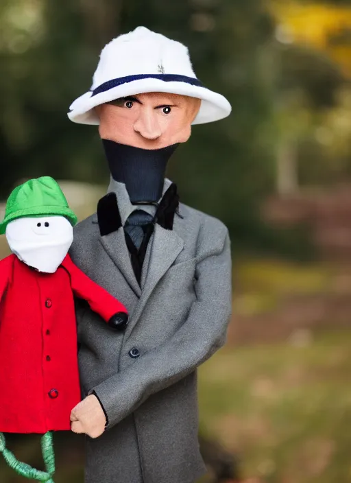 Prompt: portrait photo still of real life mr garrison with mr hat puppet, 8 k, 8 5 mm, f. 1 4