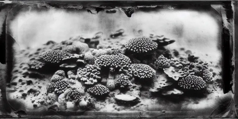 Prompt: a beautiful wet plate vintage glass photograph of a vast underwater coral reef landscape and of sea life by edmund dulac. sponge, dry brushing, scumbling, masking, frayed edges. light leaks, natural light. trending on artstation and google images. 8 k hd wallpaper, full color scheme, wide - angle.