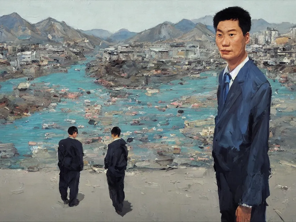 Image similar to ‘The Center of the World’ (Liu Xiaodong realist oil painting, large thick messy colorful brushstrokes, office worker from behind, next to a blue river and mountains) was filmed in Beijing in April 2013 depicting a white collar office worker. A man in his early thirties – the first single-child-generation in China. Representing a new image of an idealized urban successful booming China.