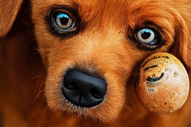 Image similar to closeup potrait of orange dog with bulgy eyes, licking its own nose, photograph, natural light, sharp, detailed face, magazine, press, photo, Steve McCurry, David Lazar, Canon, Nikon, focus