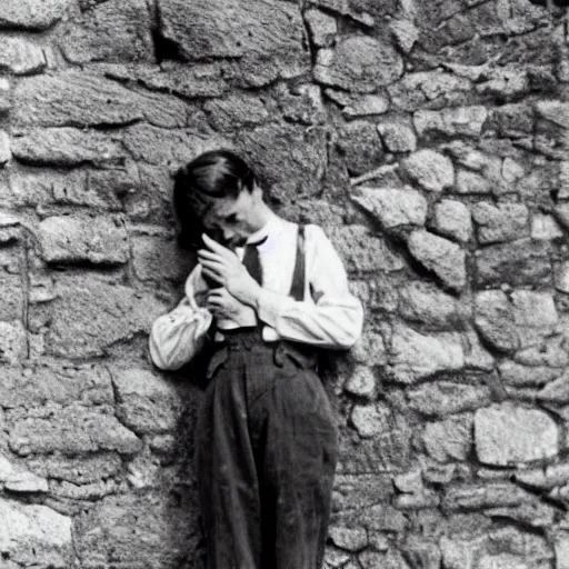 Prompt: Photograph of an utterly terrified young man on the verge of panic tears in 1930s attire with long hair cornered against a stone wall. He looks utterly panicked and distressed.