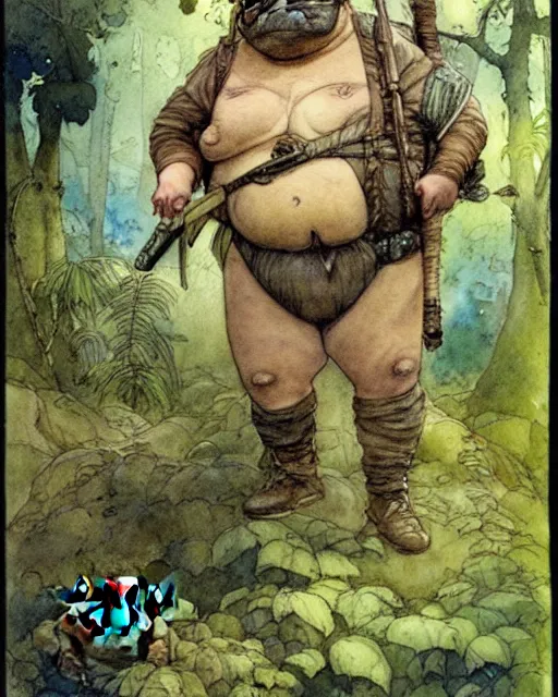 Image similar to a realistic and atmospheric watercolour fantasy character concept art portrait of a fat adorable chibi pug soldier in the jungle, by rebecca guay, michael kaluta, charles vess and jean moebius giraud