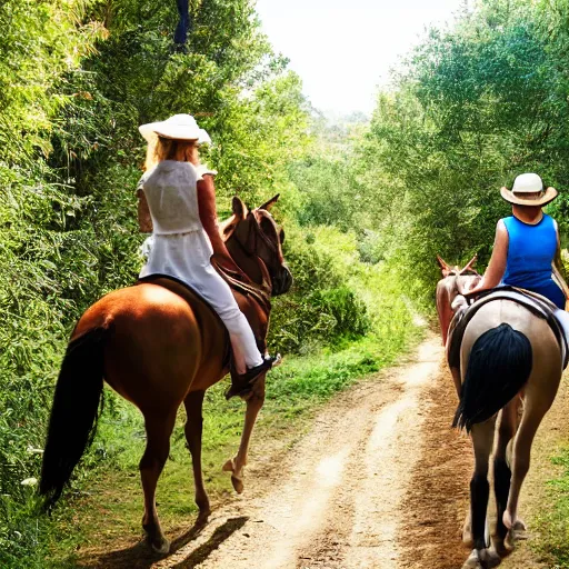 Image similar to women, riding man like a horse, on a small path in the hills