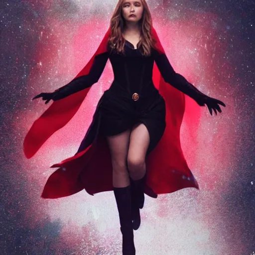 Image similar to elizabeth olsen artstation scarlet witch, floating in the air as she emanates magic from her palms, full - body portrait, 3 5 mm!!!!! photography, disdain facial expression, messy!!!!! hair, trending on artstation, photorealistic!!!!!, 4 k, 8 k