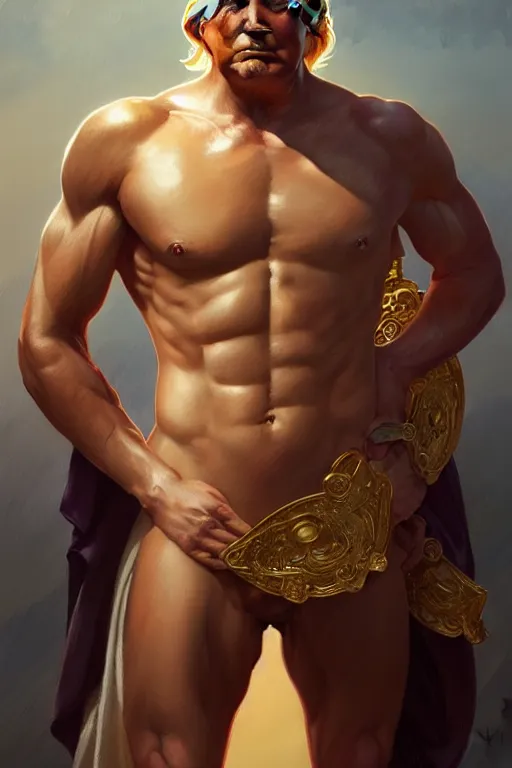 Image similar to Donald Trump as a Greek god, gorgeous, amazing, muscular, fit, very muscular male body, intricate, highly detailed, digital painting, artstation, concept art, sharp focus, illustration, art by greg rutkowski and alphonse mucha