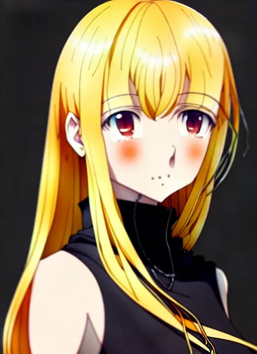 Image similar to anime portrait of a beautiful blonde, yellow - orange eyes, ilya kuvshinov, black clothing, anime, pixiv top monthly, trending on artstation, cinematic, danbooru, zerochan art, kyoto animation