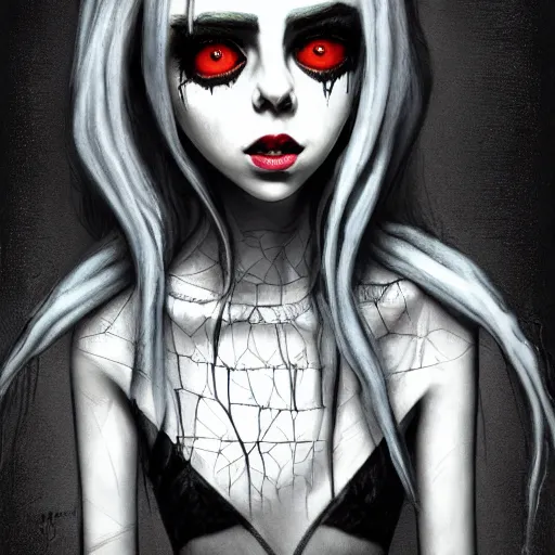 Image similar to michael karcz grunge drawing of billie eilish. , in the style of corpse bride, loony toons style, horror themed, detailed, elegant, intricate, trending on artstation, 4k