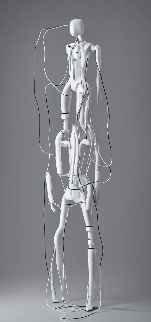 Prompt: a white futuristic mannequin with wires and pipes extending from its body