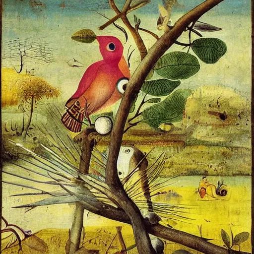 Prompt: A beautiful experimental art of a bird in its natural habitat. The bird is shown in great detail, with its colorful plumage and intricate patterns. The background is a simple but detailed landscape, with trees, bushes, and a river. bright yellow by Jack Davis, by Hieronymus Bosch rich