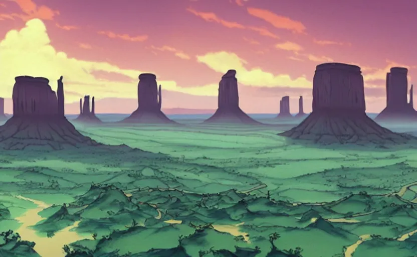 Image similar to a hyperrealist cell - shaded cartoon movie still from howl's moving castle ( 2 0 0 4 ) of a city in a flooded monument valley. rainforest stonehenge is seen in the background with shafts of sunlight from above. very dull muted colors, hd, 4 k, hq