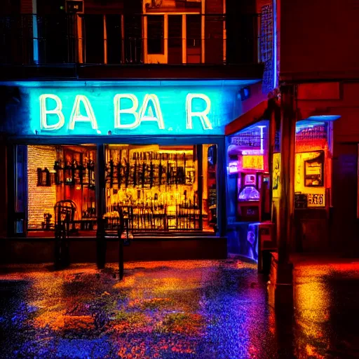 Prompt: bar on a street, photo, rain, neon