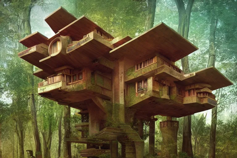 Prompt: solarpunk treehouse by frank lloyd wright, still from a movie, cyberpunk tree house, photo art, artgerm, trending on artstation